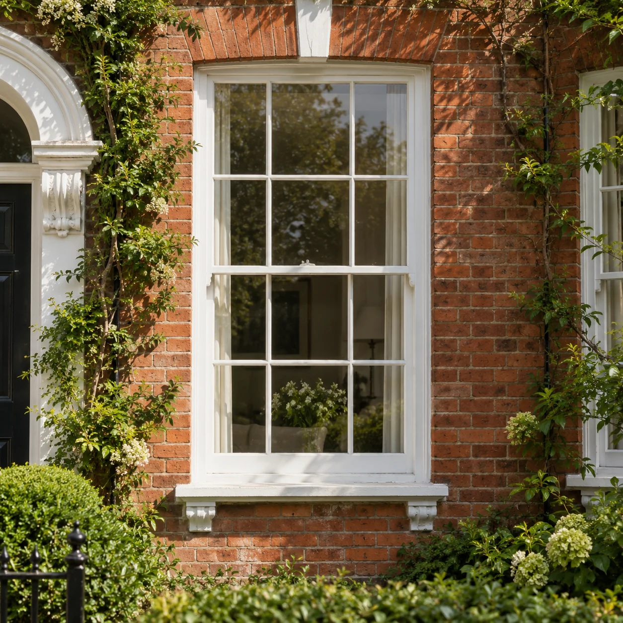 White sash windows set in a traditional English brick home